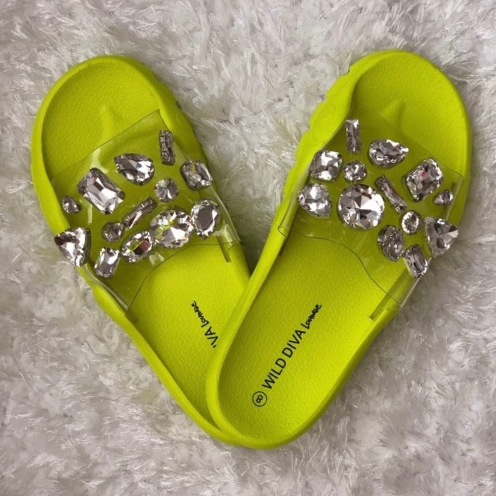 Wild Diva Neon Yellow Gem-Embellished Sandals